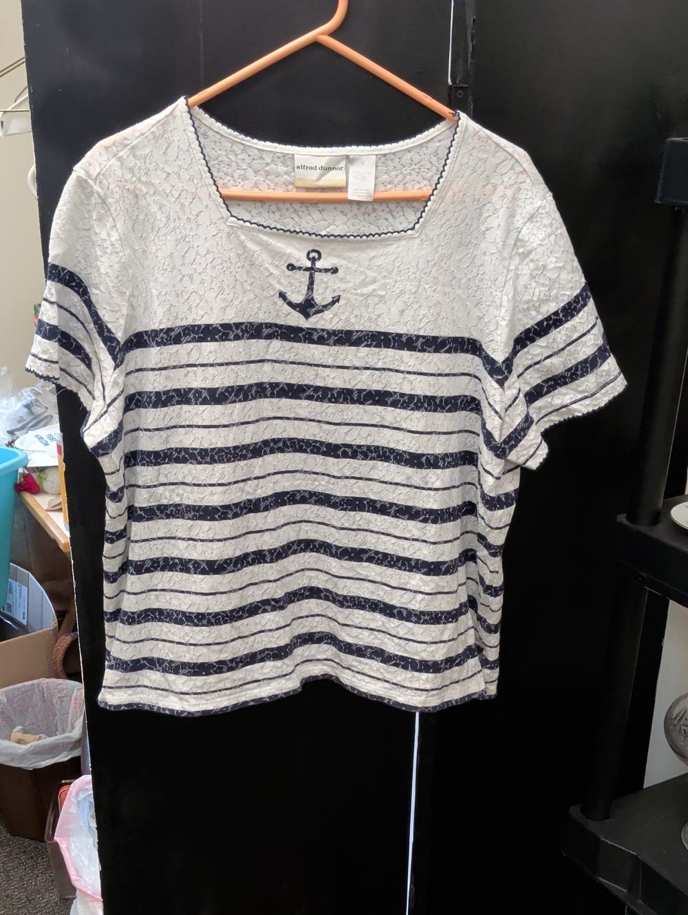 Alfred Dunner White Lace Navy Striped Anchor Tee